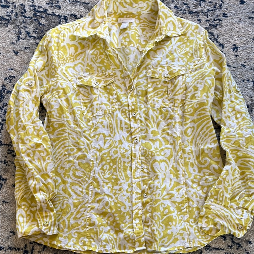 Charter Club Women Roll Tab Long Sleeve Button-Up Shirt Yellow Size 8 100% Linen
